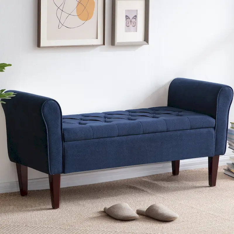 Panca Pouf Contenitore in Tessuto Blu Scuro / Grigio / Beige con Braccioli Arrotondati, 2-3 Posti