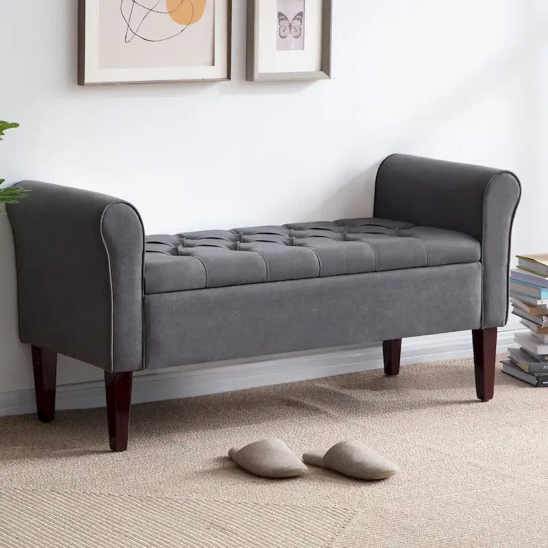Panca Pouf Contenitore in Tessuto Blu Scuro / Grigio / Beige con Braccioli Arrotondati, 2-3 Posti