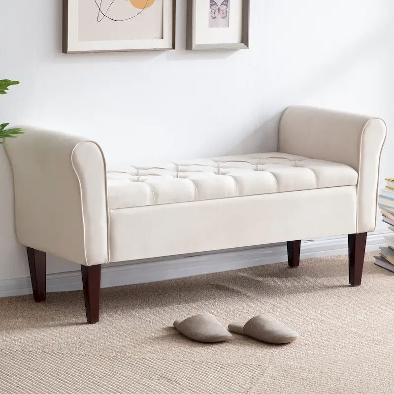 Panca Pouf Contenitore in Tessuto Blu Scuro / Grigio / Beige con Braccioli Arrotondati, 2-3 Posti