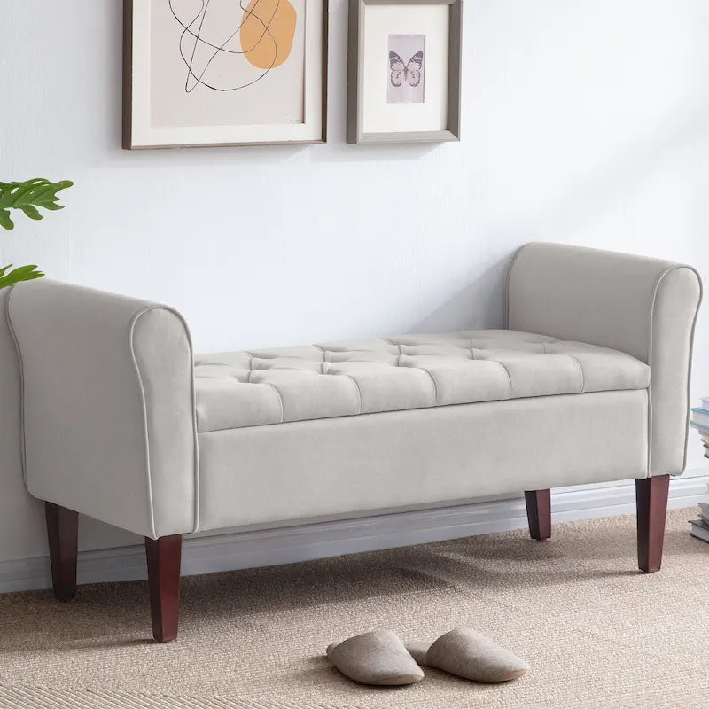 Panca Pouf Contenitore in Tessuto Blu Scuro / Grigio / Beige con Braccioli Arrotondati, 2-3 Posti