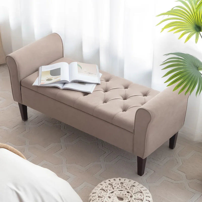 Panca Pouf Contenitore in Tessuto Blu Scuro / Grigio / Beige con Braccioli Arrotondati, 2-3 Posti