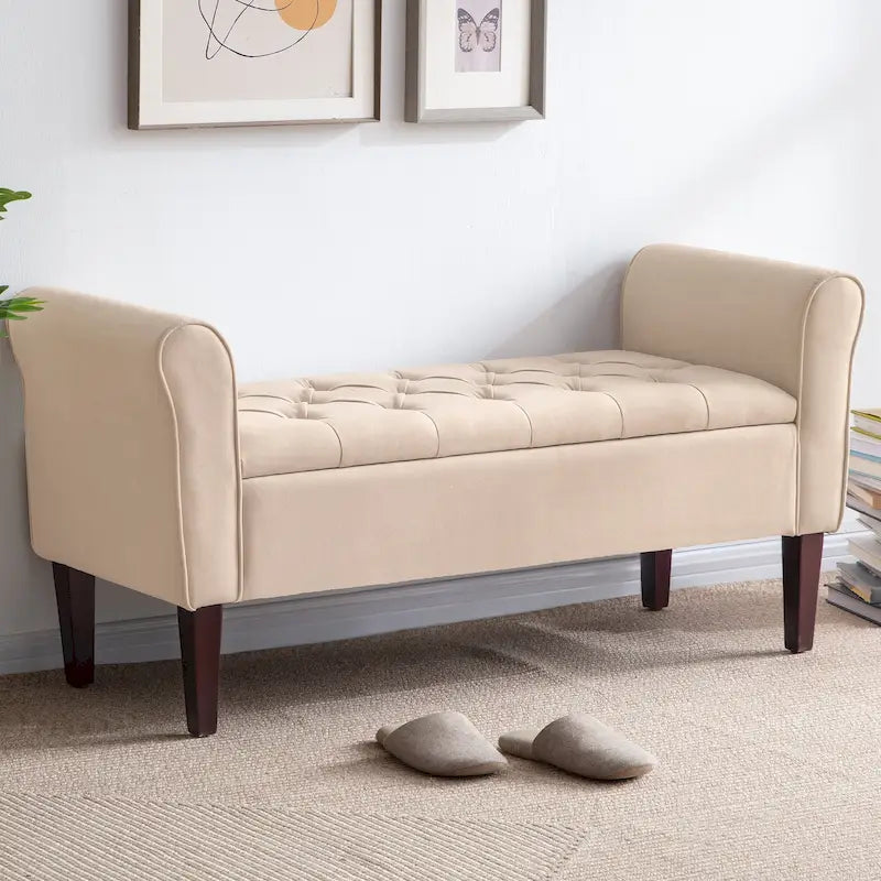 Panca Pouf Contenitore in Tessuto Blu Scuro / Grigio / Beige con Braccioli Arrotondati, 2-3 Posti