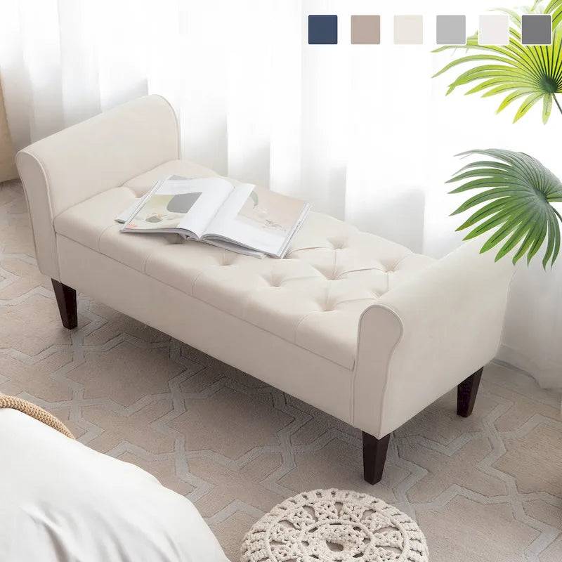 Panca Pouf Contenitore in Tessuto Blu Scuro / Grigio / Beige con Braccioli Arrotondati, 2-3 Posti