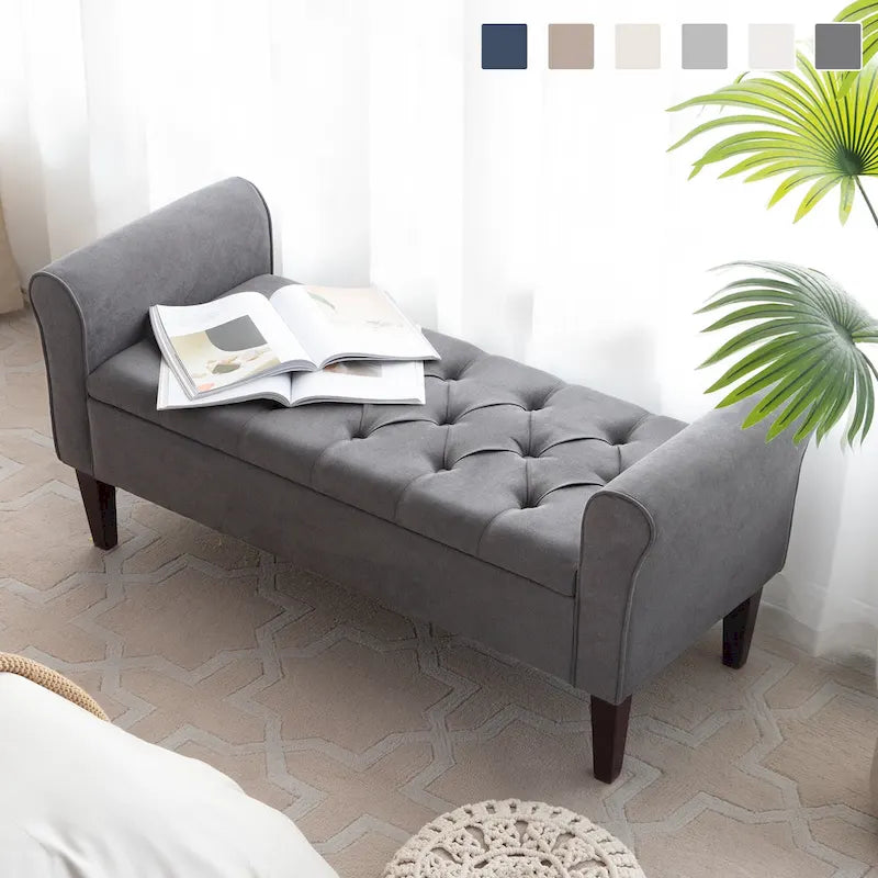 Panca Pouf Contenitore in Tessuto Blu Scuro / Grigio / Beige con Braccioli Arrotondati, 2-3 Posti