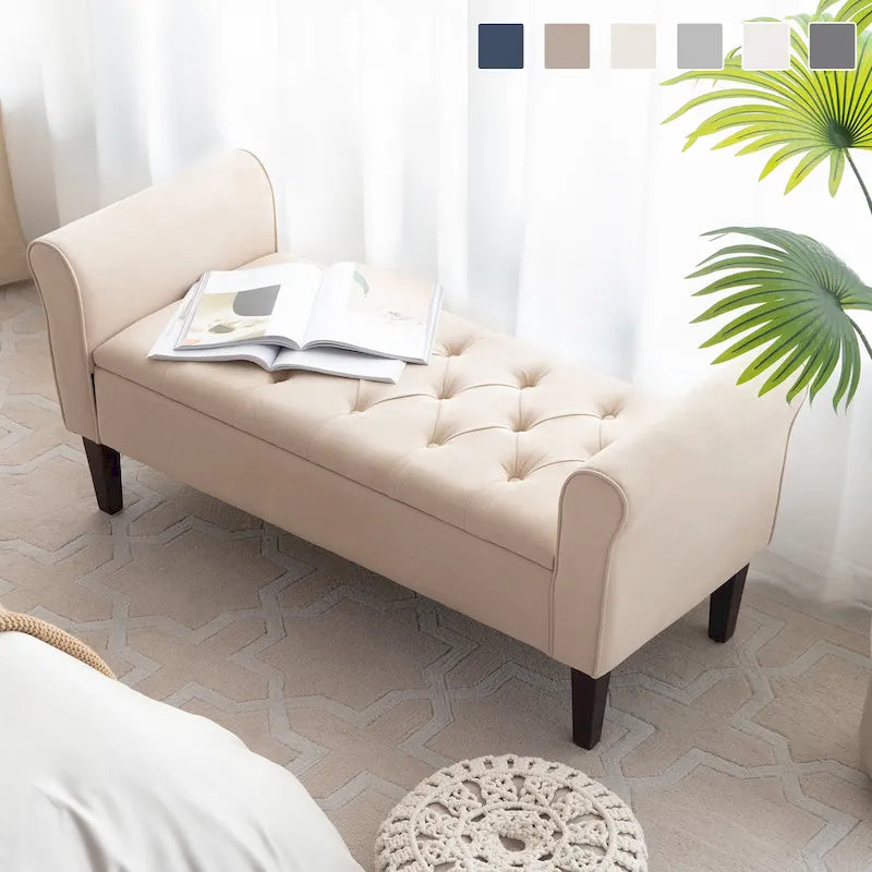Panca Pouf Contenitore in Tessuto Blu Scuro / Grigio / Beige con Braccioli Arrotondati, 2-3 Posti