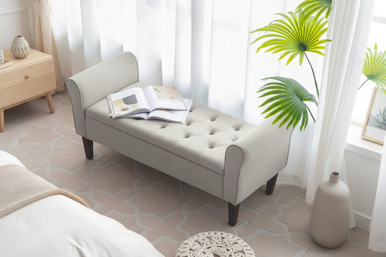 Panca Pouf Contenitore in Tessuto Blu Scuro / Grigio / Beige con Braccioli Arrotondati, 2-3 Posti