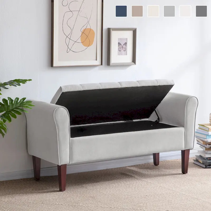 Panca Pouf Contenitore in Tessuto Blu Scuro / Grigio / Beige con Braccioli Arrotondati, 2-3 Posti