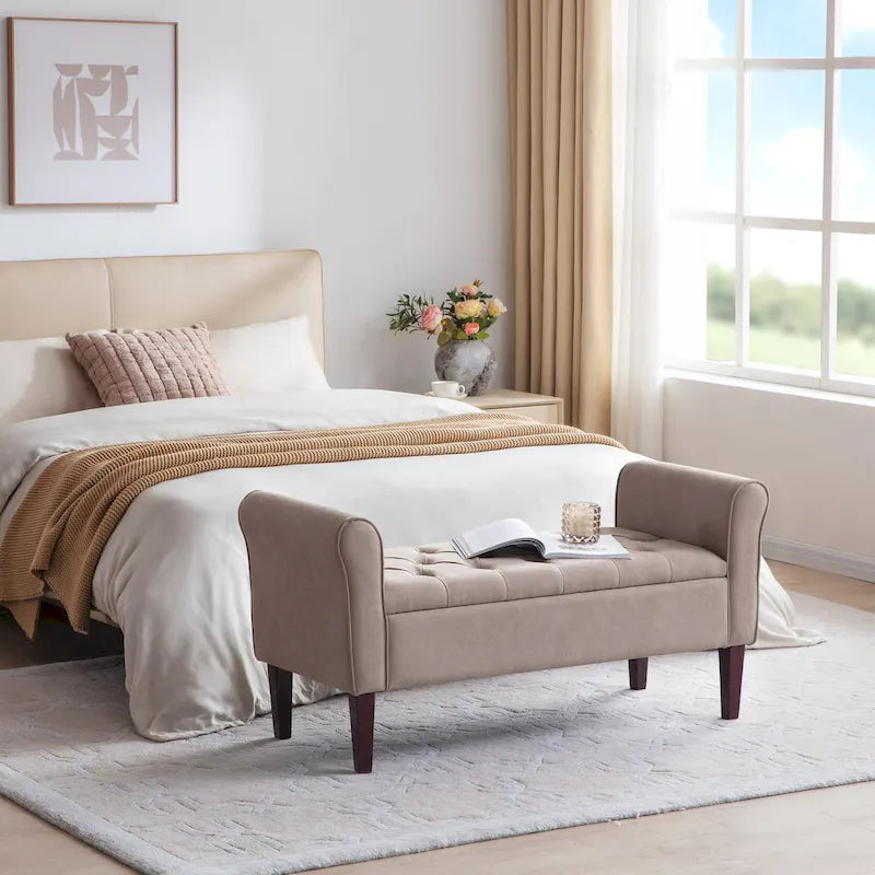 Panca Pouf Contenitore in Tessuto Blu Scuro / Grigio / Beige con Braccioli Arrotondati, 2-3 Posti