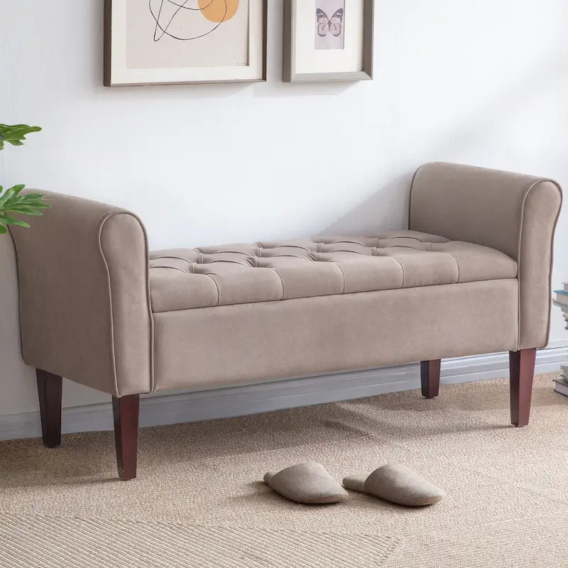 Panca Pouf Contenitore in Tessuto Blu Scuro / Grigio / Beige con Braccioli Arrotondati, 2-3 Posti