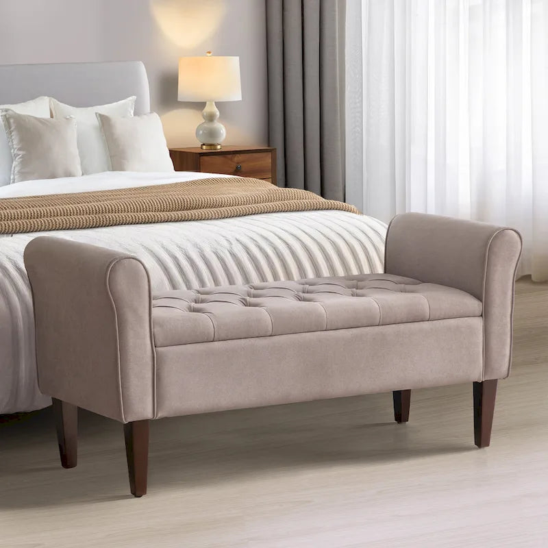 Panca Pouf Contenitore in Tessuto Blu Scuro / Grigio / Beige con Braccioli Arrotondati, 2-3 Posti