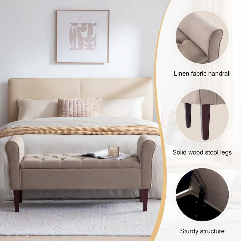 Panca Pouf Contenitore in Tessuto Blu Scuro / Grigio / Beige con Braccioli Arrotondati, 2-3 Posti