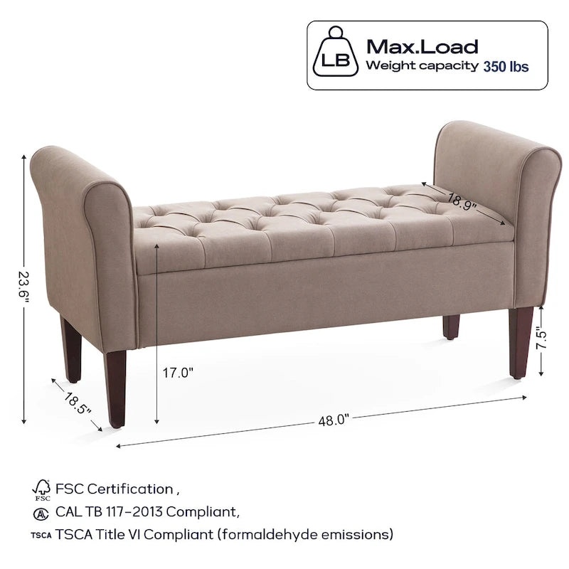 Panca Pouf Contenitore in Tessuto Blu Scuro / Grigio / Beige con Braccioli Arrotondati, 2-3 Posti
