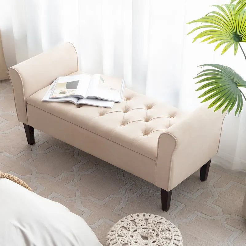 Panca Pouf Contenitore in Tessuto Blu Scuro / Grigio / Beige con Braccioli Arrotondati, 2-3 Posti