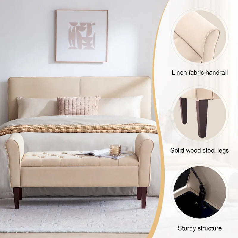 Panca Pouf Contenitore in Tessuto Blu Scuro / Grigio / Beige con Braccioli Arrotondati, 2-3 Posti