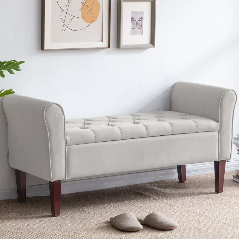 Panca Pouf Contenitore in Tessuto Blu Scuro / Grigio / Beige con Braccioli Arrotondati, 2-3 Posti