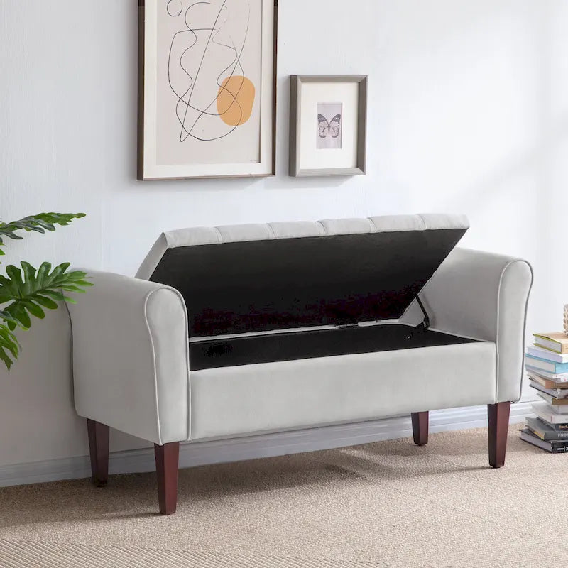 Panca Pouf Contenitore in Tessuto Blu Scuro / Grigio / Beige con Braccioli Arrotondati, 2-3 Posti