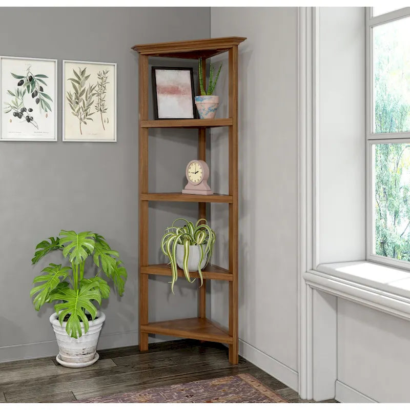 Libreria angolare alta Edenton in legno con 4 ripiani, noce