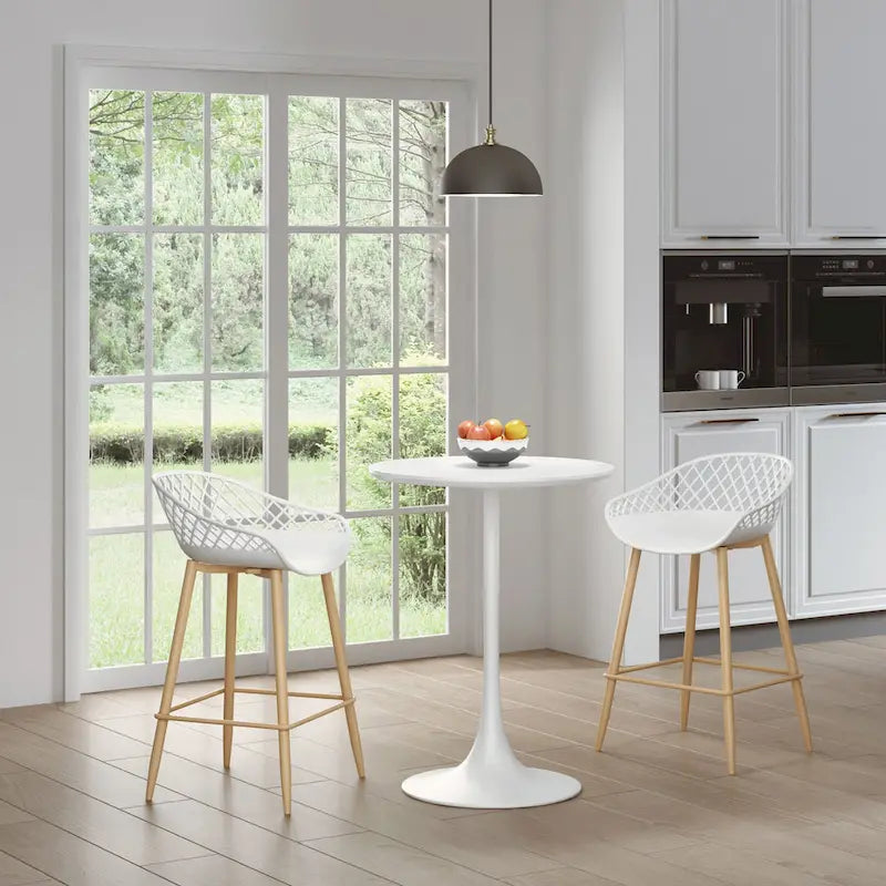 Tavolino da bar bianco, rotondo, altezza bancone, 2 posti a sedere