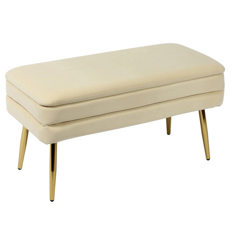 Panca contenitore in velluto crema con gambe dorate, 1 posto