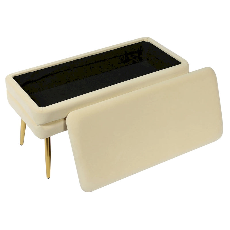 Panca contenitore in velluto crema con gambe dorate, 1 posto