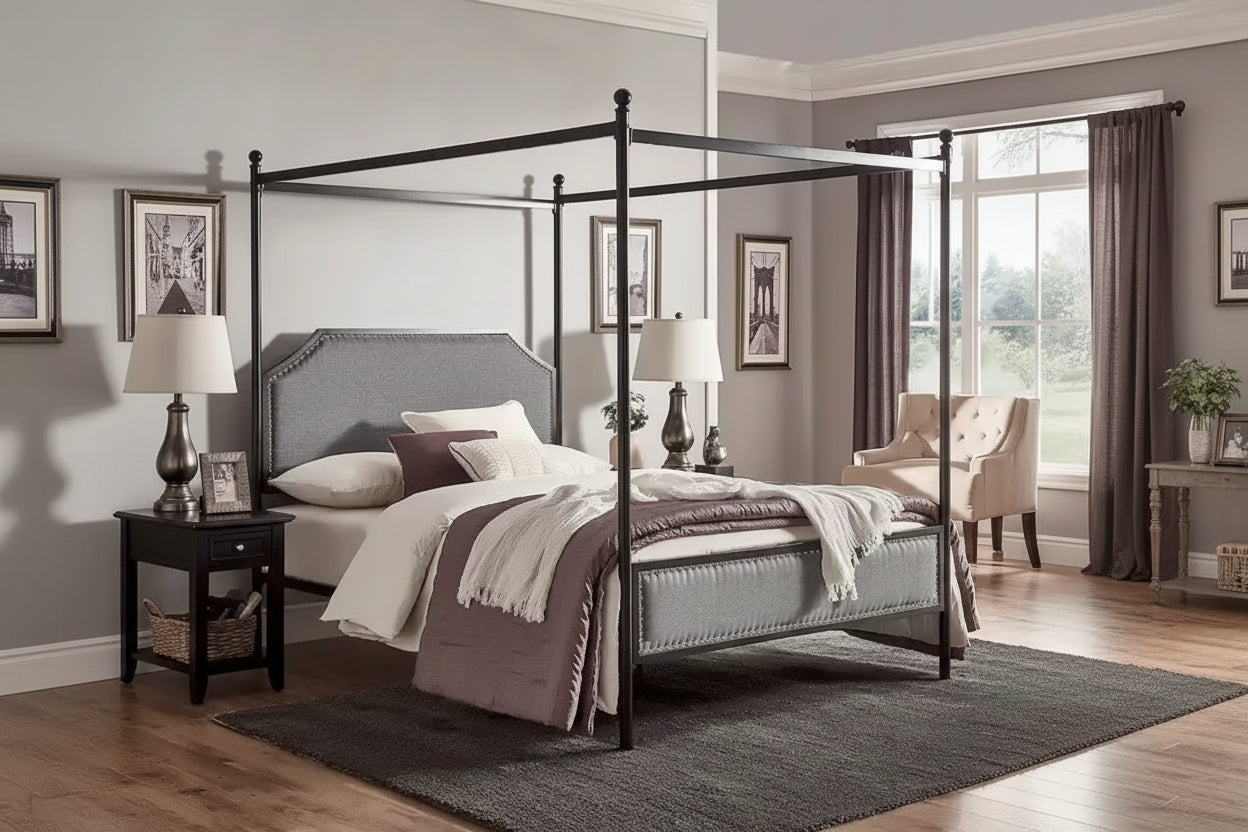 Rayen Grey Upholstered Metal Canopy Queen Bed by iNSPIRE Q Classic