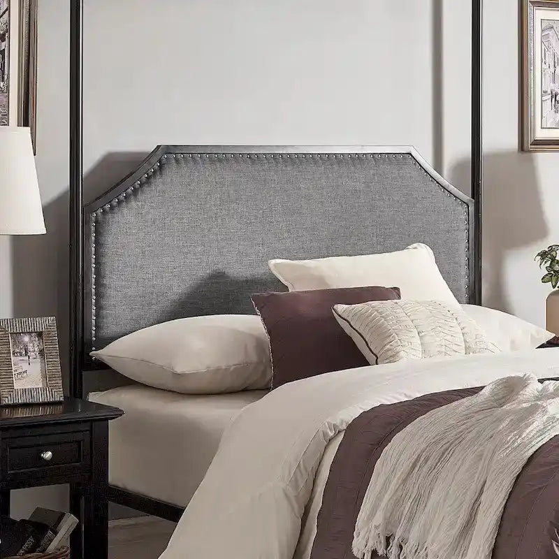 Letto a baldacchino in lino grigio e metallo nero, queen, per 1–2 persone