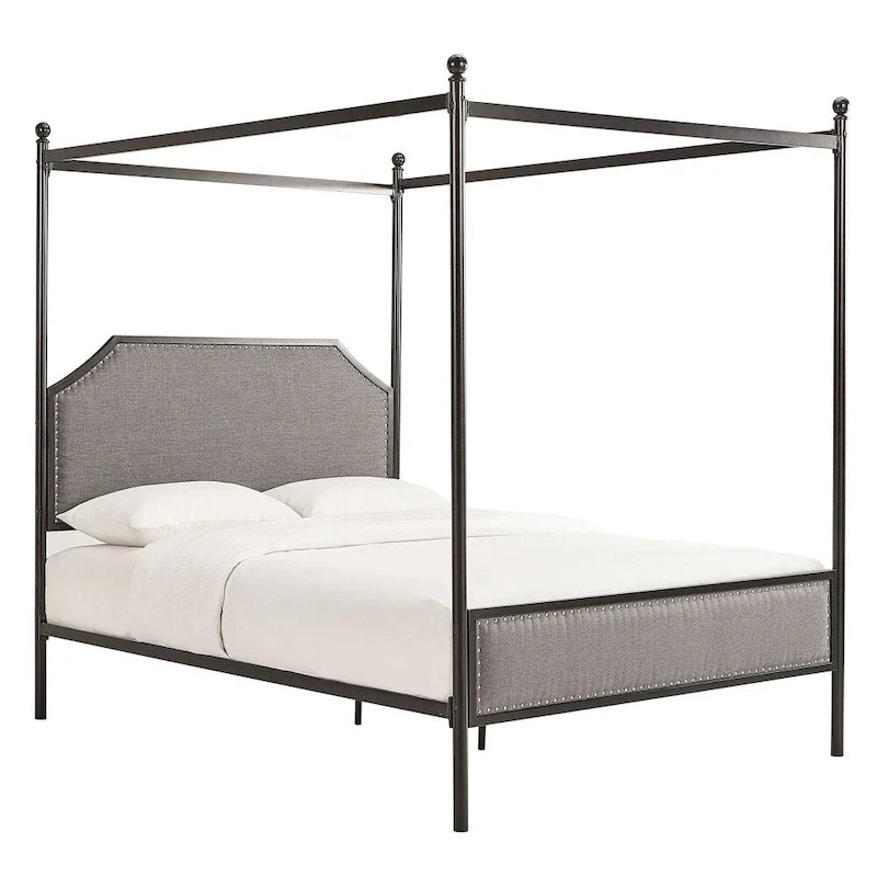 Letto a baldacchino in lino grigio e metallo nero, queen, per 1–2 persone