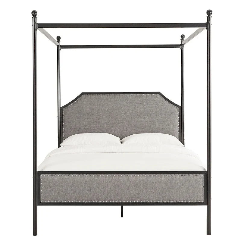 Letto a baldacchino in lino grigio e metallo nero, queen, per 1–2 persone