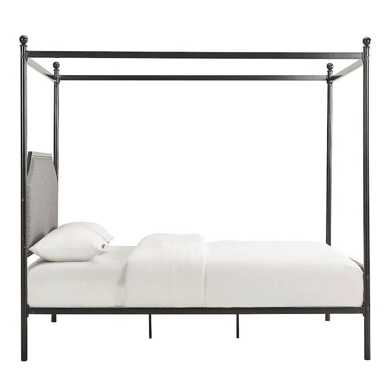 Letto a baldacchino in lino grigio e metallo nero, queen, per 1–2 persone