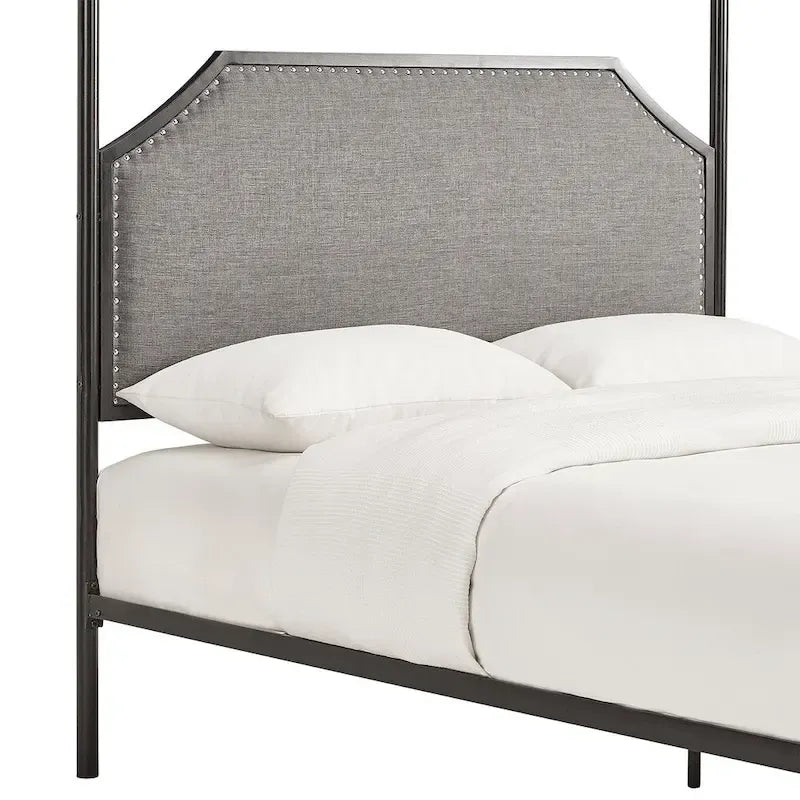 Letto a baldacchino in lino grigio e metallo nero, queen, per 1–2 persone