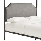 Letto a baldacchino in lino grigio e metallo nero, queen, per 1–2 persone