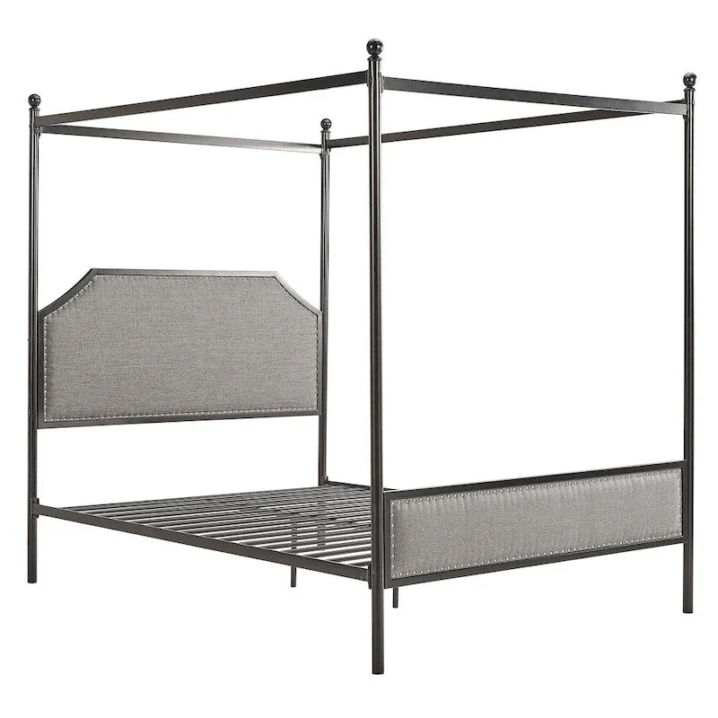 Letto a baldacchino in lino grigio e metallo nero, queen, per 1–2 persone