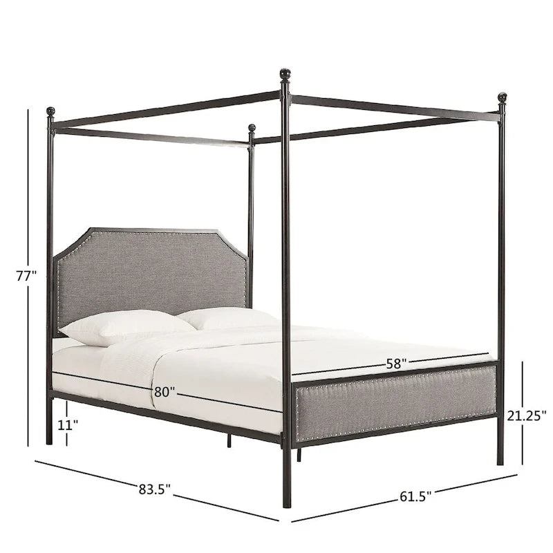 Letto a baldacchino in lino grigio e metallo nero, queen, per 1–2 persone