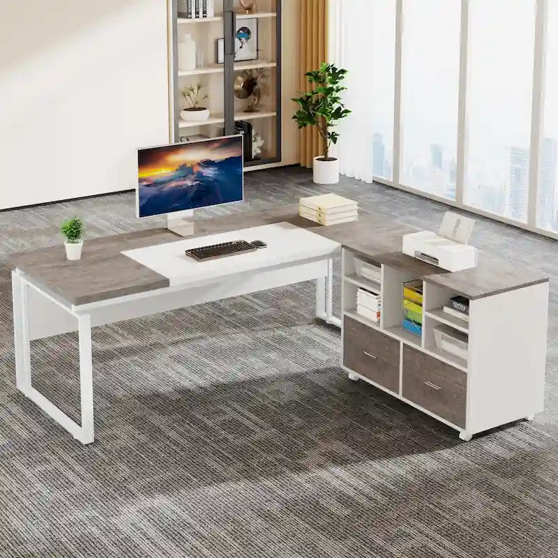 Scrivania a L marrone/grigio/marrone-nero con schedario reversibile e cassetti contenitore