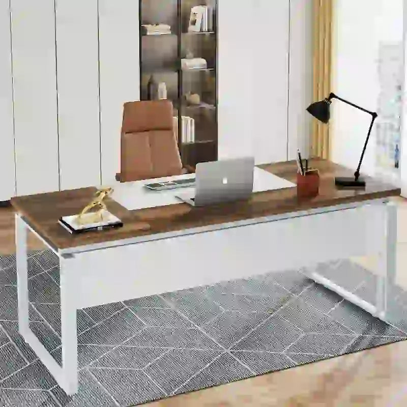 Scrivania a L marrone/grigio/marrone-nero con schedario reversibile e cassetti contenitore