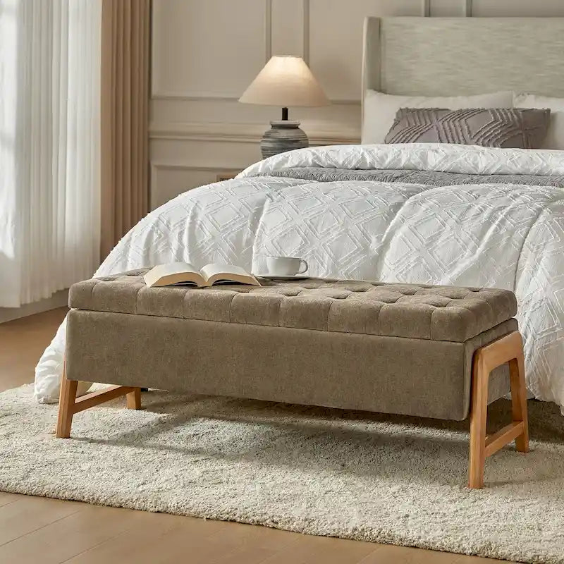 Panca contenitore imbottita, seduta trapuntata, gambe in legno massello – Tan / Marrone / Nero / Avorio / Turchese / Cioccolato / Grigio / Tortora, 1 posto