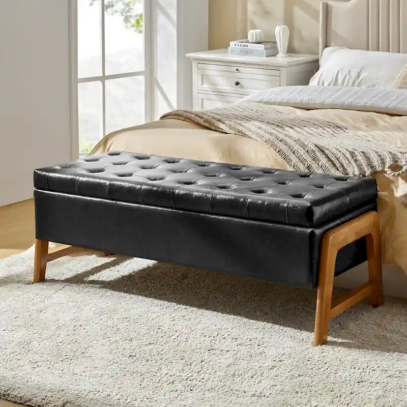 Panca contenitore imbottita, seduta trapuntata, gambe in legno massello – Tan / Marrone / Nero / Avorio / Turchese / Cioccolato / Grigio / Tortora, 1 posto