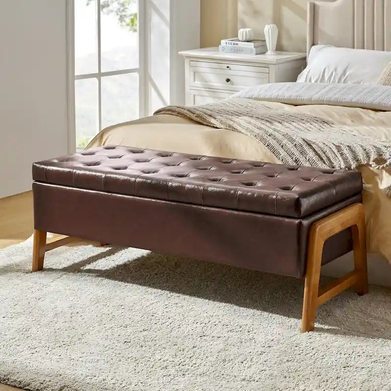 Panca contenitore imbottita, seduta trapuntata, gambe in legno massello – Tan / Marrone / Nero / Avorio / Turchese / Cioccolato / Grigio / Tortora, 1 posto