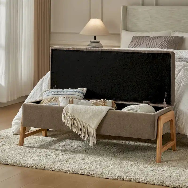Panca contenitore imbottita, seduta trapuntata, gambe in legno massello – Tan / Marrone / Nero / Avorio / Turchese / Cioccolato / Grigio / Tortora, 1 posto