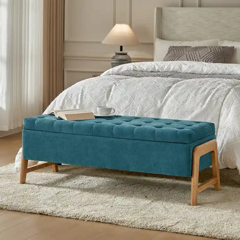 Panca contenitore imbottita, seduta trapuntata, gambe in legno massello – Tan / Marrone / Nero / Avorio / Turchese / Cioccolato / Grigio / Tortora, 1 posto