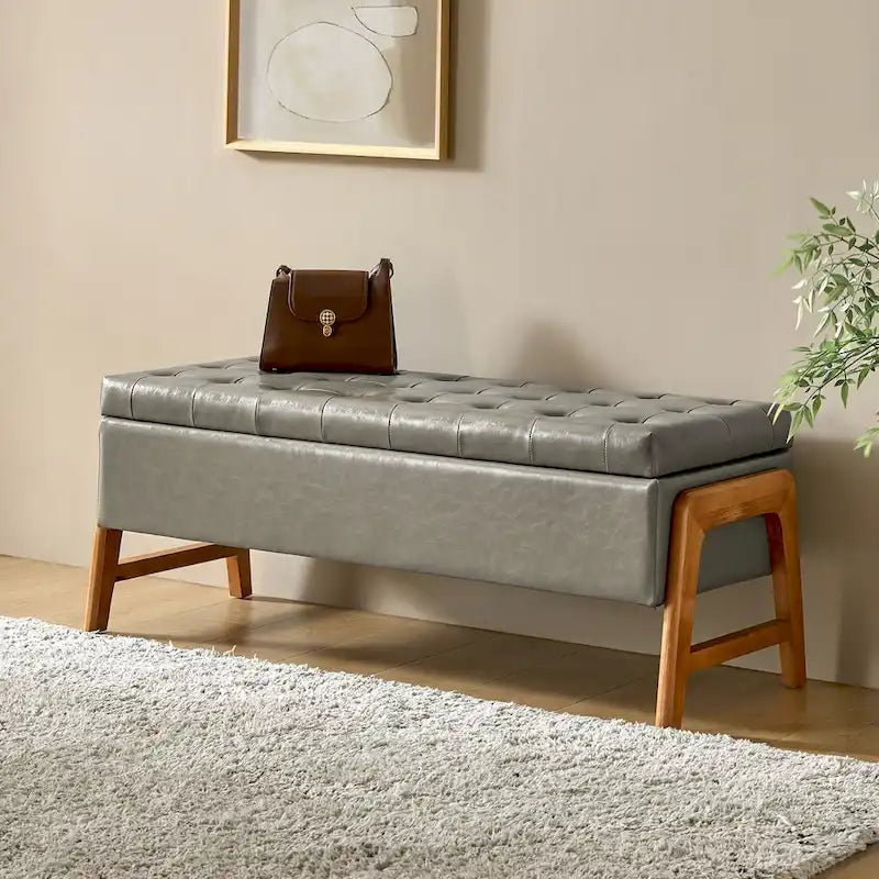 Panca contenitore imbottita, seduta trapuntata, gambe in legno massello – Tan / Marrone / Nero / Avorio / Turchese / Cioccolato / Grigio / Tortora, 1 posto
