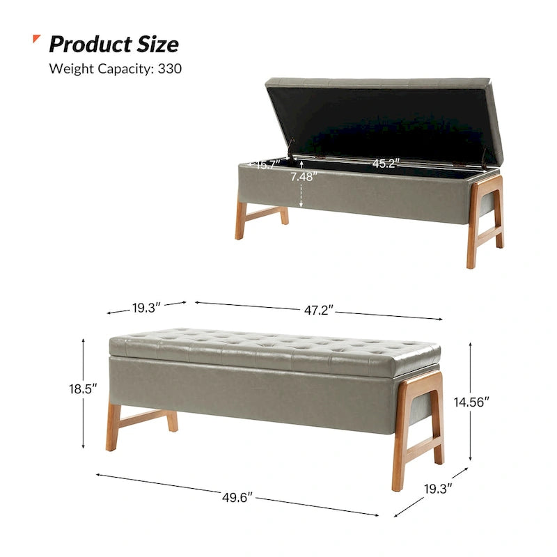 Panca contenitore imbottita, seduta trapuntata, gambe in legno massello – Tan / Marrone / Nero / Avorio / Turchese / Cioccolato / Grigio / Tortora, 1 posto