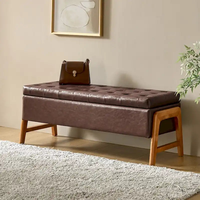 Panca contenitore imbottita, seduta trapuntata, gambe in legno massello – Tan / Marrone / Nero / Avorio / Turchese / Cioccolato / Grigio / Tortora, 1 posto