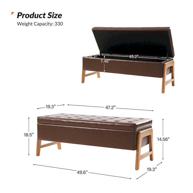 Panca contenitore imbottita, seduta trapuntata, gambe in legno massello – Tan / Marrone / Nero / Avorio / Turchese / Cioccolato / Grigio / Tortora, 1 posto