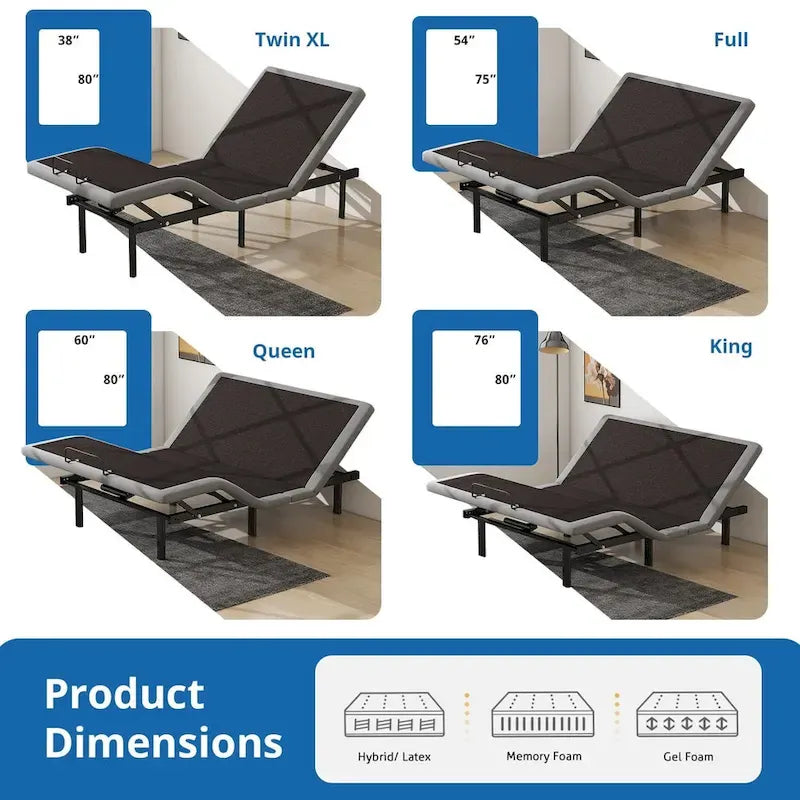 Base Letto Regolabile Nera, Inclinazione Testa e Piedi, Telecomando Wireless, Per 1–2 Persone