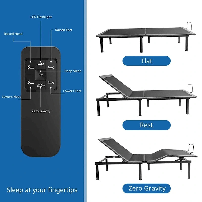 Base Letto Regolabile Nera, Inclinazione Testa e Piedi, Telecomando Wireless, Per 1–2 Persone