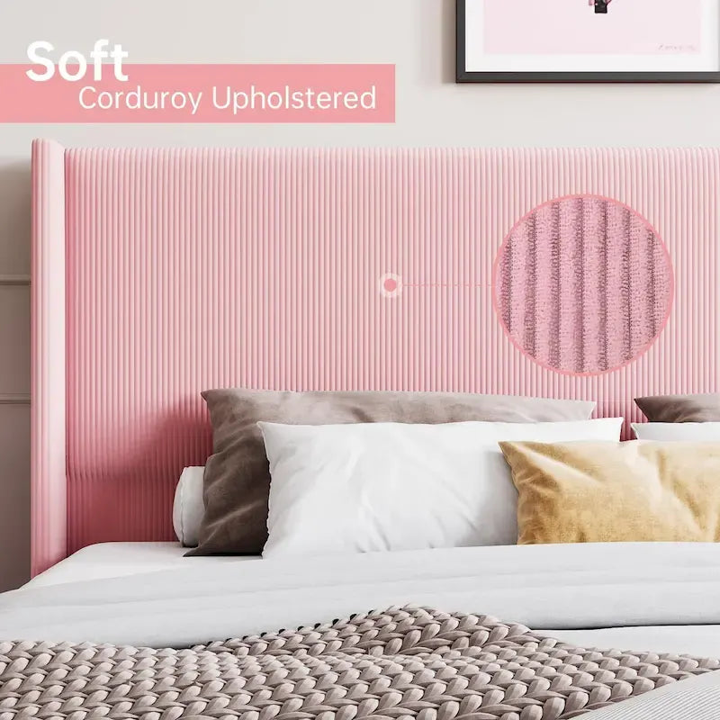 Letto Imbottito in Velluto Rosa / Grigio / Beige con Struttura a Piattaforma, Stile Wingback, Matrimoniale / Queen / King, 1–2 Persone
