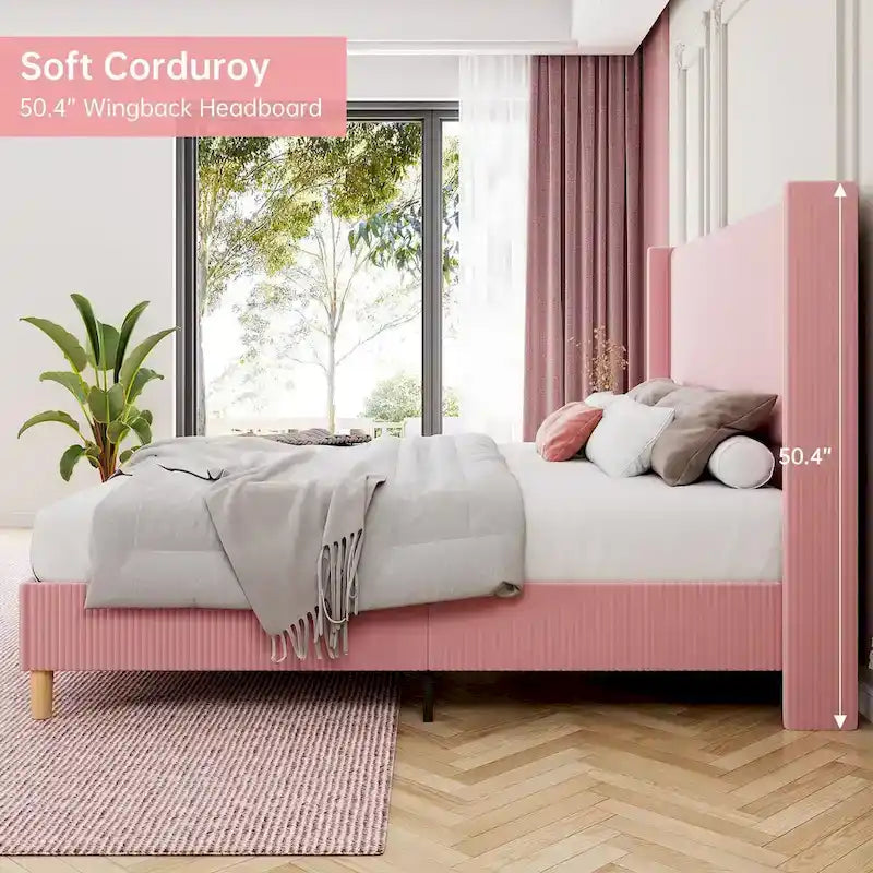 Letto Imbottito in Velluto Rosa / Grigio / Beige con Struttura a Piattaforma, Stile Wingback, Matrimoniale / Queen / King, 1–2 Persone