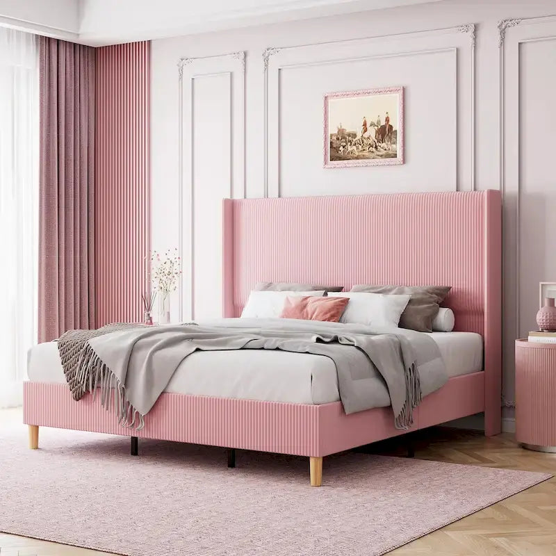 Letto Imbottito in Velluto Rosa / Grigio / Beige con Struttura a Piattaforma, Stile Wingback, Matrimoniale / Queen / King, 1–2 Persone