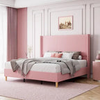 Letto Imbottito in Velluto Rosa / Grigio / Beige con Struttura a Piattaforma, Stile Wingback, Matrimoniale / Queen / King, 1–2 Persone